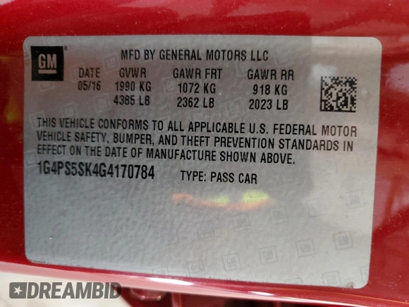 2016 Buick Verano Group with VIN 1G4PS5SK4G4170784, listed as a Copart auction lot 59562885 with 63,964 mi miles and Salvage title. Bid and sale history available at DreamBid. Image 12.
