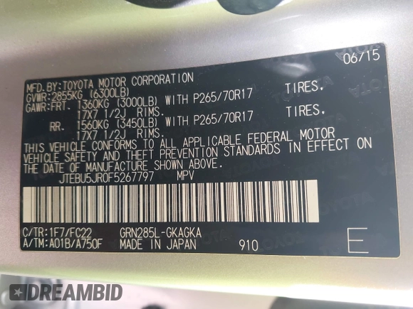 2015 Toyota 4Runner Limited with VIN JTEBU5JR0F5267797, listed as a IAAI auction lot 41765857 with 105,859 mi miles and . Bid and sale history available at DreamBid. Image 9.