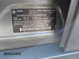2011 BMW 3 Series 328i xDrive with VIN WBAPK7G53BNN85078, listed as a IAAI auction lot 41705410 with 142,695 mi miles and . Bid and sale history available at carsss.com. Image 9.