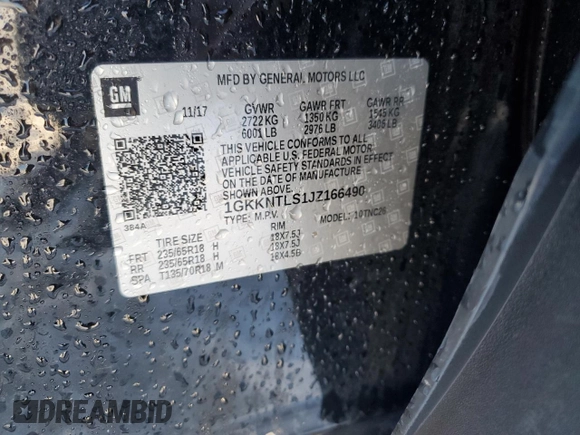 2018 GMC Acadia SLE z VIN 1GKKNTLS1JZ166490, wystawiony jako Copart lot #47698745 z przebiegiem 95 299 mil mil oraz Szkoda całkowita • Salvage title. Historia ofert i sprzedaży dostępna na DreamBid. Obrazek 16.
