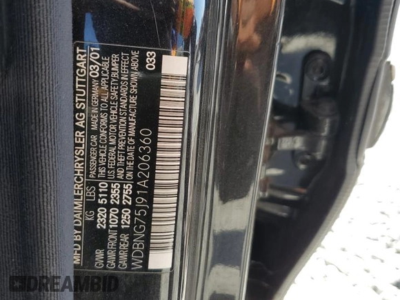 2001 Mercedes-Benz S-Class with VIN WDBNG75J91A206360, listed as a Copart auction lot 44609455 with 0 mi miles and Salvage Title. Bid and sale history available at carsss.com. Image 12.