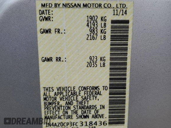 2015 Nissan LEAF SV with VIN 1N4AZ0CP3FC318436, listed as a Copart auction lot 70855893 with 65,101 mi miles. Bid and sale history available at carsss.com. Image 13.