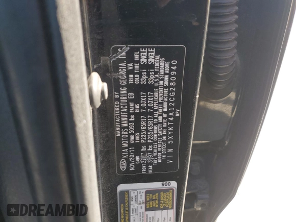 2012 Kia Sorento LX with VIN 5XYKT4A12CG280940, listed as a Copart auction lot 51919645 with 182,541 mi miles and Salvage Title. Bid and sale history available at DreamBid. Image 13.