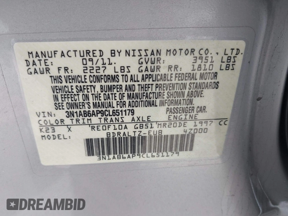 2012 Nissan Sentra S with VIN 3N1AB6AP9CL651179, listed as a IAAI auction lot 42022927 with 144,235 mi miles and . Bid and sale history available at DreamBid. Image 9.