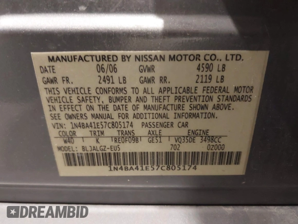 2007 Nissan Maxima SL with VIN 1N4BA41E57C805174, listed as a IAAI auction lot 41421384 with 174,485 mi miles and . Bid and sale history available at DreamBid. Image 9.