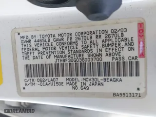 2003 Lexus ES 300 with VIN JTHBF30G036003700, listed as a IAAI auction lot 41626640 with 128,807 mi miles. Bid and sale history available at carsss.com. Image 9.