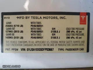 2013 Tesla Model S with VIN 5YJSA1DG5DFP03667, listed as a Copart auction lot 50607605 with 87146 miles and Clean Title. Bid and sale history available at carsss.com. Image 12.