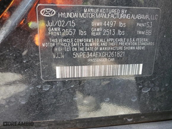 2016 Hyundai Sonata 2.4L Sport with VIN 5NPE34AFXGH261821, listed as a Copart auction lot 50722285 with 117,049 mi miles and Salvage Title. Bid and sale history available at carsss.com. Image 14.