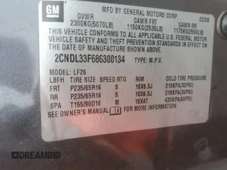 2008 Chevrolet Equinox LT z VIN 2CNDL33F686300134, wystawiony jako Copart lot #55824855 z przebiegiem Nie podano mil oraz Szkody całkowita. Historia ofert i sprzedaży dostępna na DreamBid. Obrazek 13.