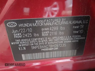 2011 Hyundai Sonata GLS with VIN 5NPEB4AC7BH097235, listed as a IAAI auction lot 41896579 with 127,456 mi miles. Bid and sale history available at carsss.com. Image 9.