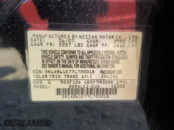 2007 Nissan Sentra S with VIN 3N1AB61E77L720018, listed as a Copart auction lot 62326515 with 159,380 mi miles and Salvage title. Bid and sale history available at DreamBid. Image 12.