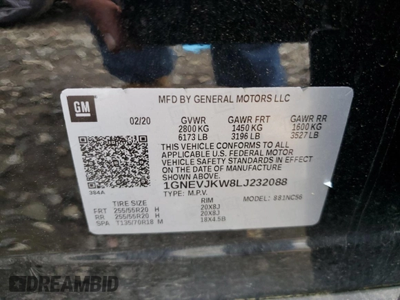 2020 Chevrolet Traverse RS with VIN 1GNEVJKW8LJ232088, listed as a Copart auction lot 60889705 with 70,322 mi miles and Salvage title. Bid and sale history available at DreamBid. Image 14.