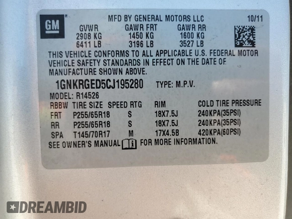 2012 Chevrolet Traverse 1LT with VIN 1GNKRGED5CJ195280, listed as a Copart auction lot 52090865 with 209,823 mi miles and Salvage Title. Bid and sale history available at DreamBid. Image 13.