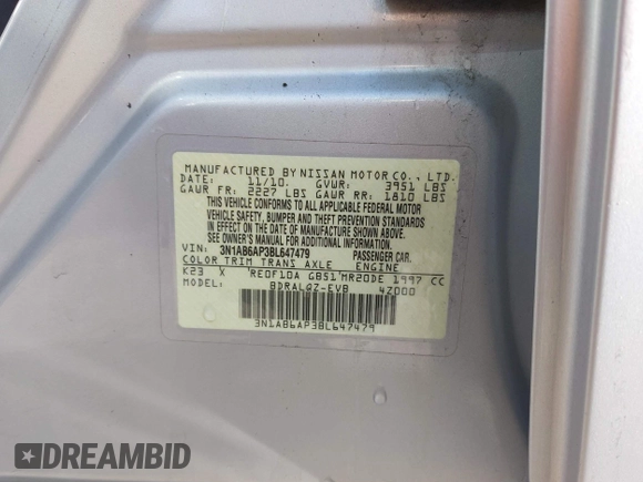 2011 Nissan Sentra S with VIN 3N1AB6AP3BL647479, listed as a IAAI auction lot 41985561 with 117,157 mi miles and . Bid and sale history available at DreamBid. Image 9.