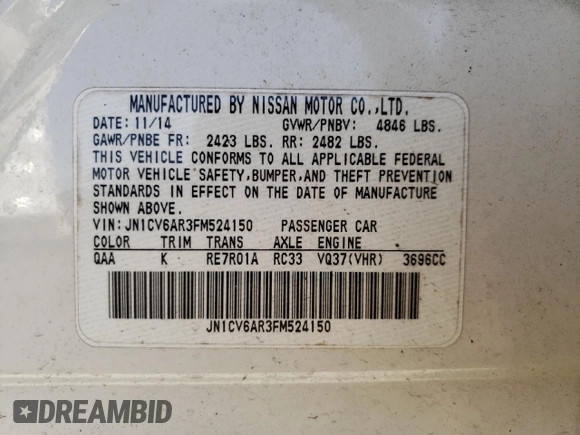 2015 Infiniti Q40 with VIN JN1CV6AR3FM524150, listed as a Copart auction lot 54235455 with 88,575 mi miles and Clean Title. Bid and sale history available at carsss.com. Image 13.