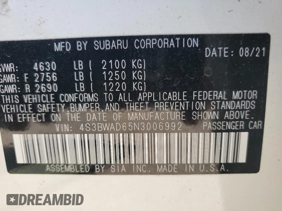 2022 Subaru Legacy Premium with VIN 4S3BWAD65N3006992, listed as a Copart auction lot 61456455 with 15,271 mi miles and Salvage title. Bid and sale history available at DreamBid. Image 13.