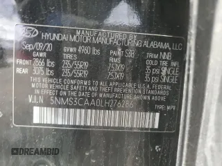 2020 Hyundai Santa Fe SEL with VIN 5NMS3CAA0LH276286, listed as a Copart auction lot 88899675 with 93,970 mi miles and Salvage Title. Bid and sale history available at carsss.com. Image 13.