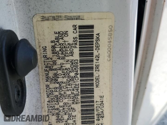 2012 Toyota Corolla L with VIN 5YFBU4EE1CP045693, listed as a Copart auction lot 56059075 with 247,350 mi miles and Clean Title. Bid and sale history available at DreamBid. Image 13.