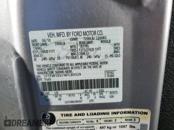 2010 Ford F-150 XL with VIN 1FTFW1EV7AFC89329, listed as a Copart auction lot 53274535 with 162,590 mi miles and Salvage Title. Bid and sale history available at DreamBid. Image 12.