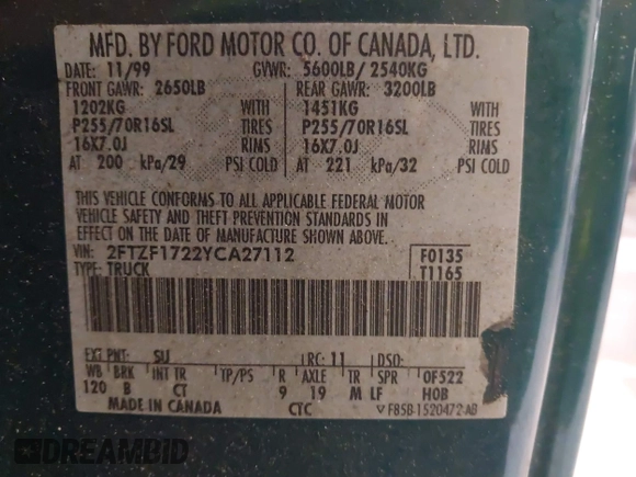 2000 Ford F-150 XL with VIN 2FTZF1722YCA27112, listed as a IAAI auction lot 42687404 with Not provided miles and . Bid and sale history available at DreamBid. Image 9.