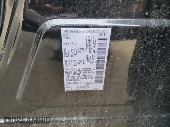 2015 Infiniti QX60 with VIN 5N1AL0MMXFC542315, listed as a Copart auction lot 51529225 with 128,459 mi miles and Salvage Title. Bid and sale history available at carsss.com. Image 13.