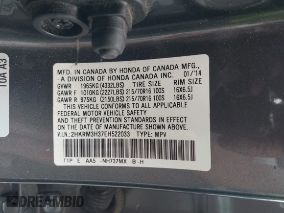 2014 Honda CR-V LX with VIN 2HKRM3H37EH522033, listed as a IAAI auction lot 42139386 with 156,214 mi miles. Bid and sale history available at carsss.com. Image 9.