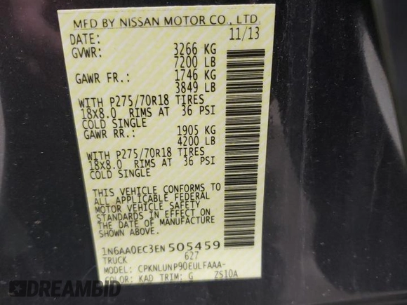2014 Nissan Titan S with VIN 1N6AA0EC3EN505459, listed as a Copart auction lot 41998905 with 95,017 mi miles and Clean Title. Bid and sale history available at DreamBid. Image 13.