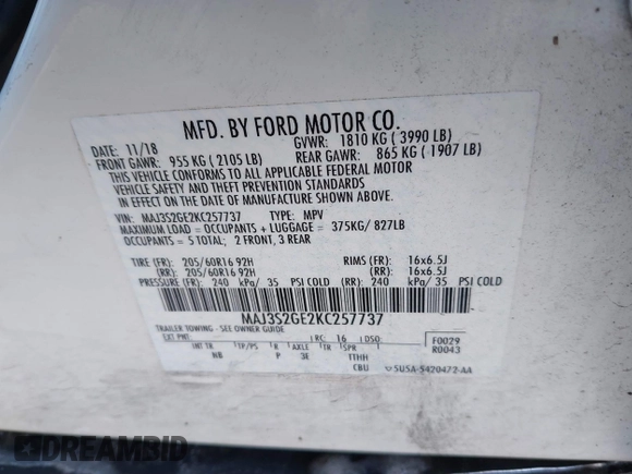 2019 Ford EcoSport SE with VIN MAJ3S2GE2KC257737, listed as a IAAI auction lot 41404718 with 41,850 mi miles and . Bid and sale history available at DreamBid. Image 9.