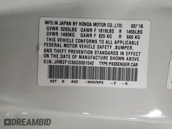 2016 Honda CR-Z EX with VIN JHMZF1C65GS001542, listed as a Copart auction lot 60165925 with 107,879 mi miles and Salvage title. Bid and sale history available at DreamBid. Image 13.