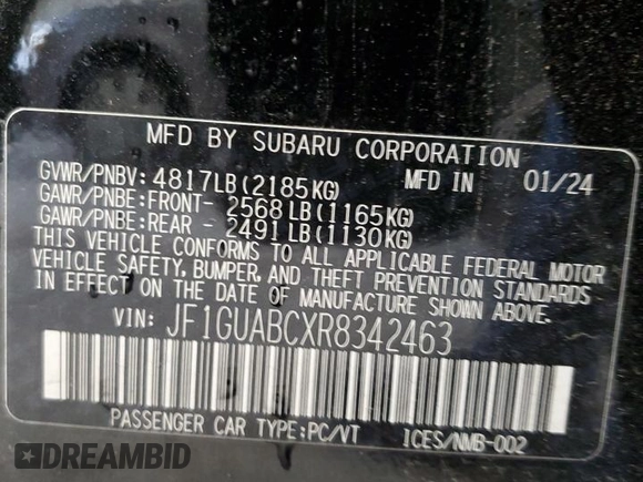 2024 Subaru Impreza z VIN JF1GUABCXR8342463, wystawiony jako Copart lot #58293955 z przebiegiem 12 273 mil mil oraz Szkoda całkowita • Salvage title. Historia ofert i sprzedaży dostępna na DreamBid. Obrazek 12.