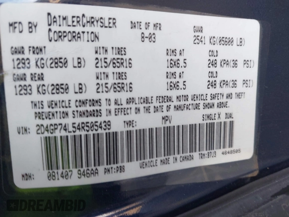 2004 Dodge Grand Caravan with VIN 2D4GP74L54R505439, listed as a IAAI auction lot 41977632 with 166,253 mi miles and . Bid and sale history available at DreamBid. Image 9.