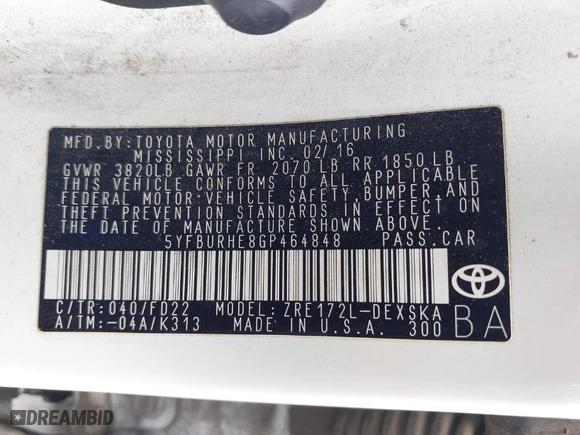 2016 Toyota Corolla L with VIN 5YFBURHE8GP464848, listed as a IAAI auction lot 41914720 with 181,214 mi miles. Bid and sale history available at carsss.com. Image 9.