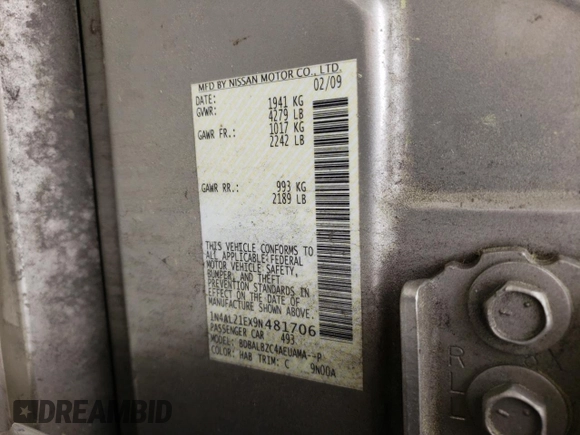2009 Nissan Altima S with VIN 1N4AL21EX9N481706, listed as a Copart auction lot 52122295 with 214,224 mi miles and Salvage Title. Bid and sale history available at DreamBid. Image 13.