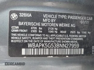 2011 BMW 3 Series 328i xDrive with VIN WBAPK5G53BNN27959, listed as a IAAI auction lot 38801702 with 148,455 mi miles and . Bid and sale history available at carsss.com. Image 9.