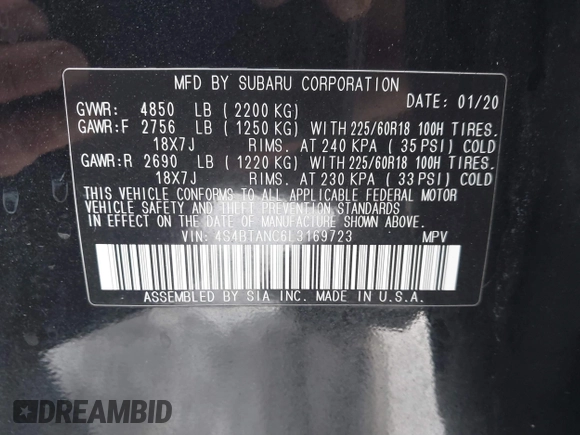 2020 Subaru Outback Limited с VIN 4S4BTANC6L3169723, выставлен на аукционе IAAI как лот 41347769 с пробегом 59 051 миль миль и . История ставок и продаж доступна на DreamBid. Изображение 9.