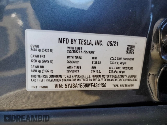 2021 Tesla Model S Long Range z VIN 5YJSA1E58MF434156, wystawiony jako Copart lot #46538425 z przebiegiem 23 510 mil mil oraz Szkoda całkowita • Salvage title. Historia ofert i sprzedaży dostępna na DreamBid. Obrazek 12.