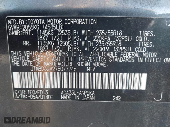2007 Toyota RAV4 Sport z VIN JTMBD32V275077246, wystawiony jako IAAI lot #42781419 z przebiegiem 145 010 mil mil oraz . Historia ofert i sprzedaży dostępna na DreamBid. Obrazek 9.