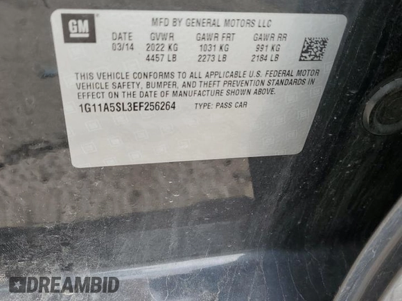 2014 Chevrolet Malibu LS with VIN 1G11A5SL3EF256264, listed as a Copart auction lot 55848815 with 79,521 mi miles and Clean Title. Bid and sale history available at DreamBid. Image 12.