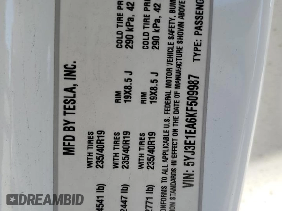 2019 Tesla Model 3 Mid Range with VIN 5YJ3E1EA6KF509987, listed as a Copart auction lot 46117565 with 64,042 mi miles and Salvage Title. Bid and sale history available at carsss.com. Image 15.