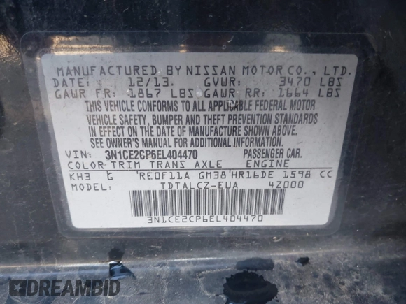 2014 Nissan Note SV with VIN 3N1CE2CP6EL404470, listed as a IAAI auction lot 41699457 with 121,101 mi miles and . Bid and sale history available at DreamBid. Image 9.