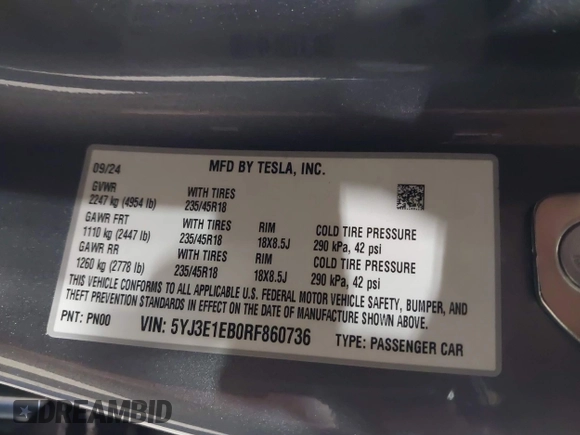 2024 Tesla Model 3 Long Range with VIN 5YJ3E1EB0RF860736, listed as a IAAI auction lot 41966827 with 5,134 mi miles and . Bid and sale history available at DreamBid. Image 9.