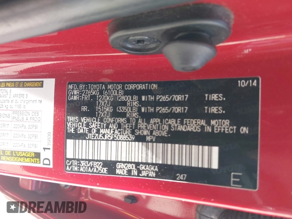 2015 Toyota 4Runner SR5 with VIN JTEZU5JR5F5088539, listed as a IAAI auction lot 42500686 with 183,215 mi miles and . Bid and sale history available at DreamBid. Image 9.