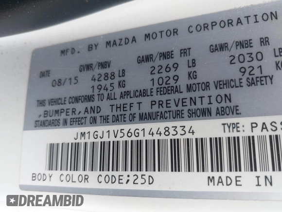 2016 Mazda Mazda6 i Touring with VIN JM1GJ1V56G1448334, listed as a IAAI auction lot 42075222 with 52,883 mi miles. Bid and sale history available at carsss.com. Image 9.