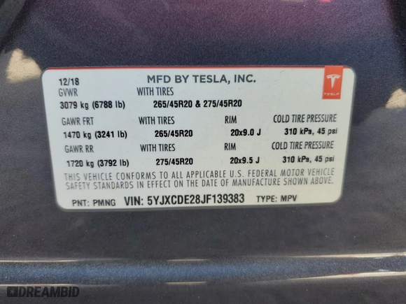 2018 Tesla Model X 75D with VIN 5YJXCDE28JF139383, listed as a Copart auction lot 41064563 with 51,570 mi miles. Bid and sale history available at carsss.com. Image 13.