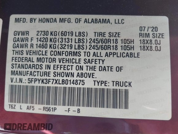 2020 Honda Ridgeline RTL-E with VIN 5FPYK3F7XLB014875, listed as a IAAI auction lot 42620537 with 41,919 mi miles and . Bid and sale history available at DreamBid. Image 9.