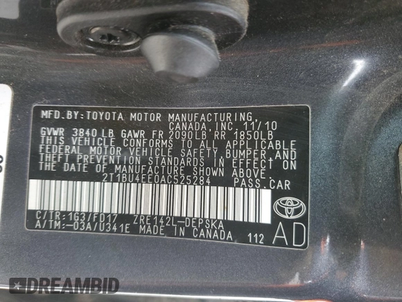 2010 Toyota Corolla with VIN 2T1BU4EE0AC525284, listed as a Copart auction lot 50712135 with 121,379 mi miles and Salvage Title. Bid and sale history available at carsss.com. Image 12.