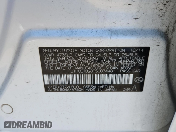 2015 Lexus IS 350 с VIN JTHCE1D28F5007448, выставлен на аукционе Copart как лот 65386585 с пробегом 84 674 миль миль и Списание • Salvage title. История ставок и продаж доступна на DreamBid. Изображение 12.