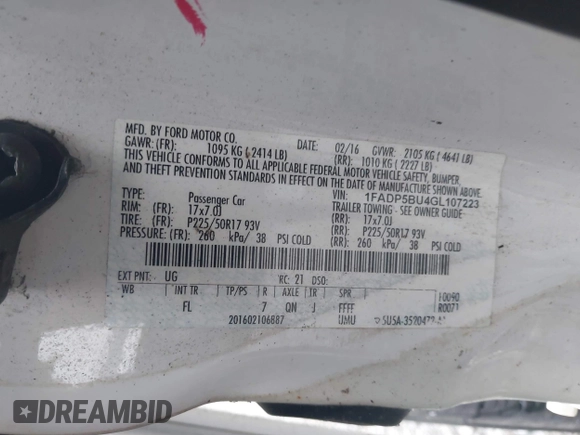 2016 Ford C-Max SEL with VIN 1FADP5BU4GL107223, listed as a IAAI auction lot 42174210 with 116,775 mi miles and . Bid and sale history available at DreamBid. Image 9.