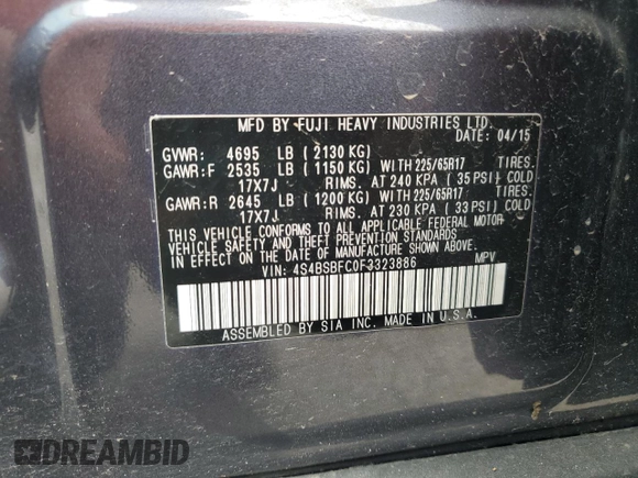 2015 Subaru Outback Premium with VIN 4S4BSBFC0F3323886, listed as a Copart auction lot 61838165 with Not provided miles and Salvage title. Bid and sale history available at DreamBid. Image 13.