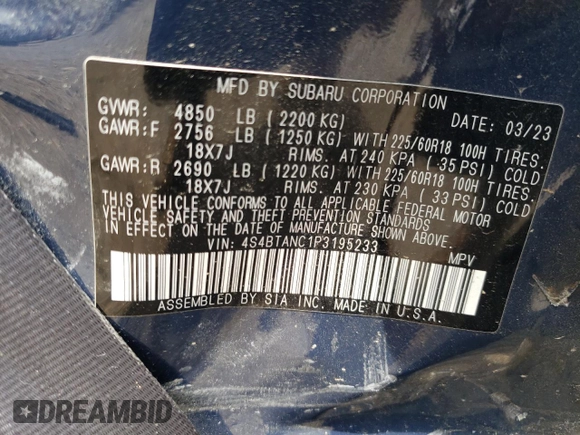 2023 Subaru Outback Limited with VIN 4S4BTANC1P3195233, listed as a Copart auction lot 61351885 with 14,647 mi miles and Salvage title. Bid and sale history available at DreamBid. Image 13.